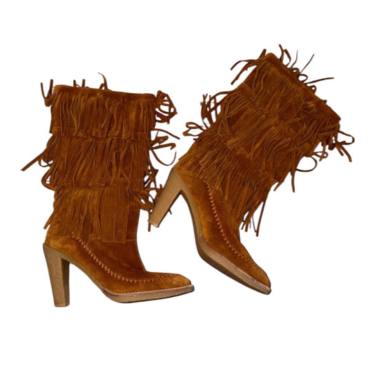 Micheal Kors camel tan suede leather fringe boots south western bohemian 9.5
