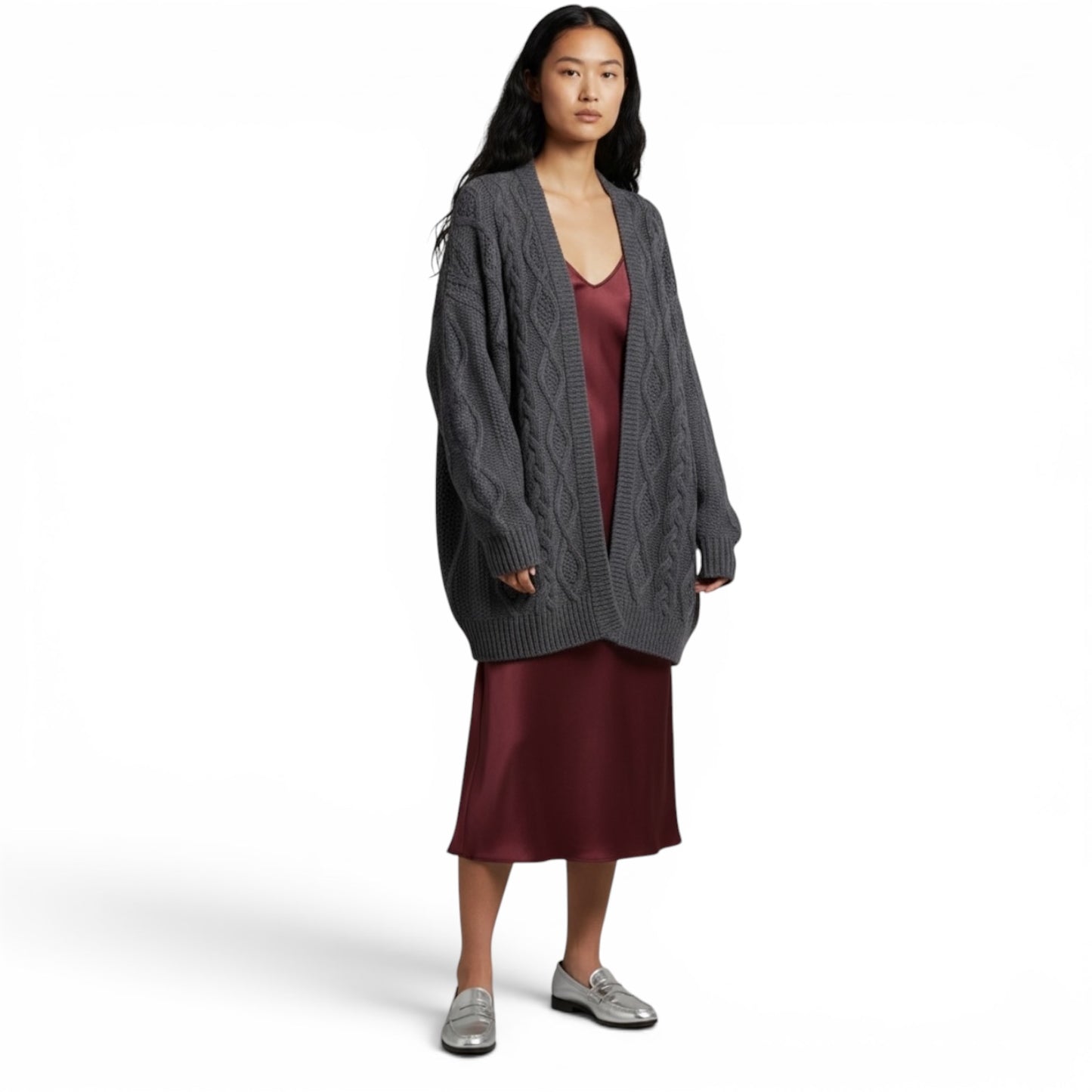 Max Mara Weekend Wool Grey chunky cable knit oversized fisherman Cardigan sweater Medium