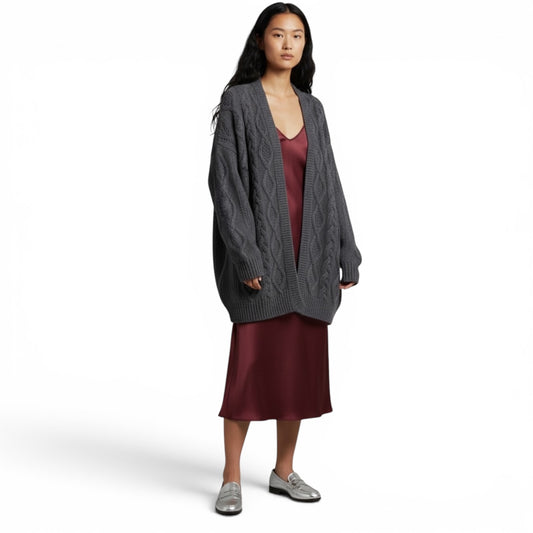 Max Mara Weekend Wool Grey chunky cable knit oversized fisherman Cardigan sweater Medium