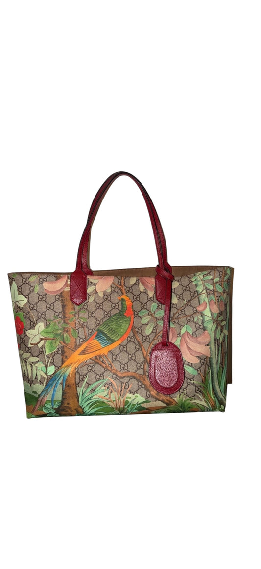 Gucci GG Supreme Monogram Bird print Tian Medium leather Tote burgundy Red