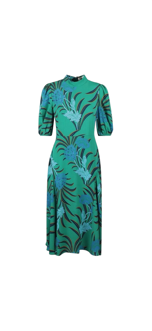 Diane von Furstenberg Nella Teal Green floral midi dress balloon sleeve 00