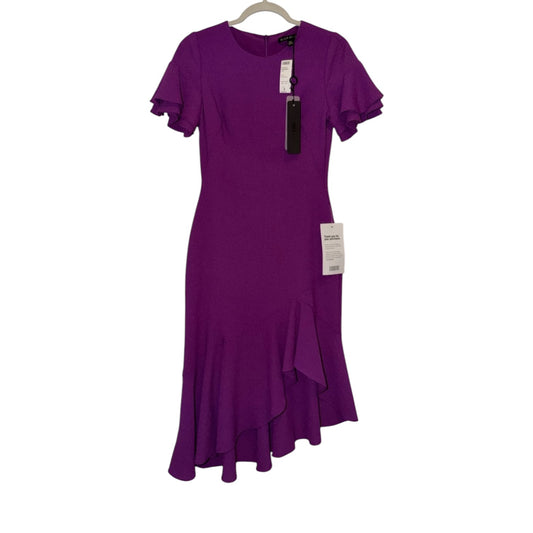 Black Halo New Ruiz Magenta purple Ruffle midi dress puff cap sleeve modest 2