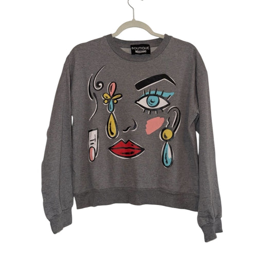 MOSCHINO Boutique grey kitschy bold face crewneck sweatshirt size 4 pop art comic