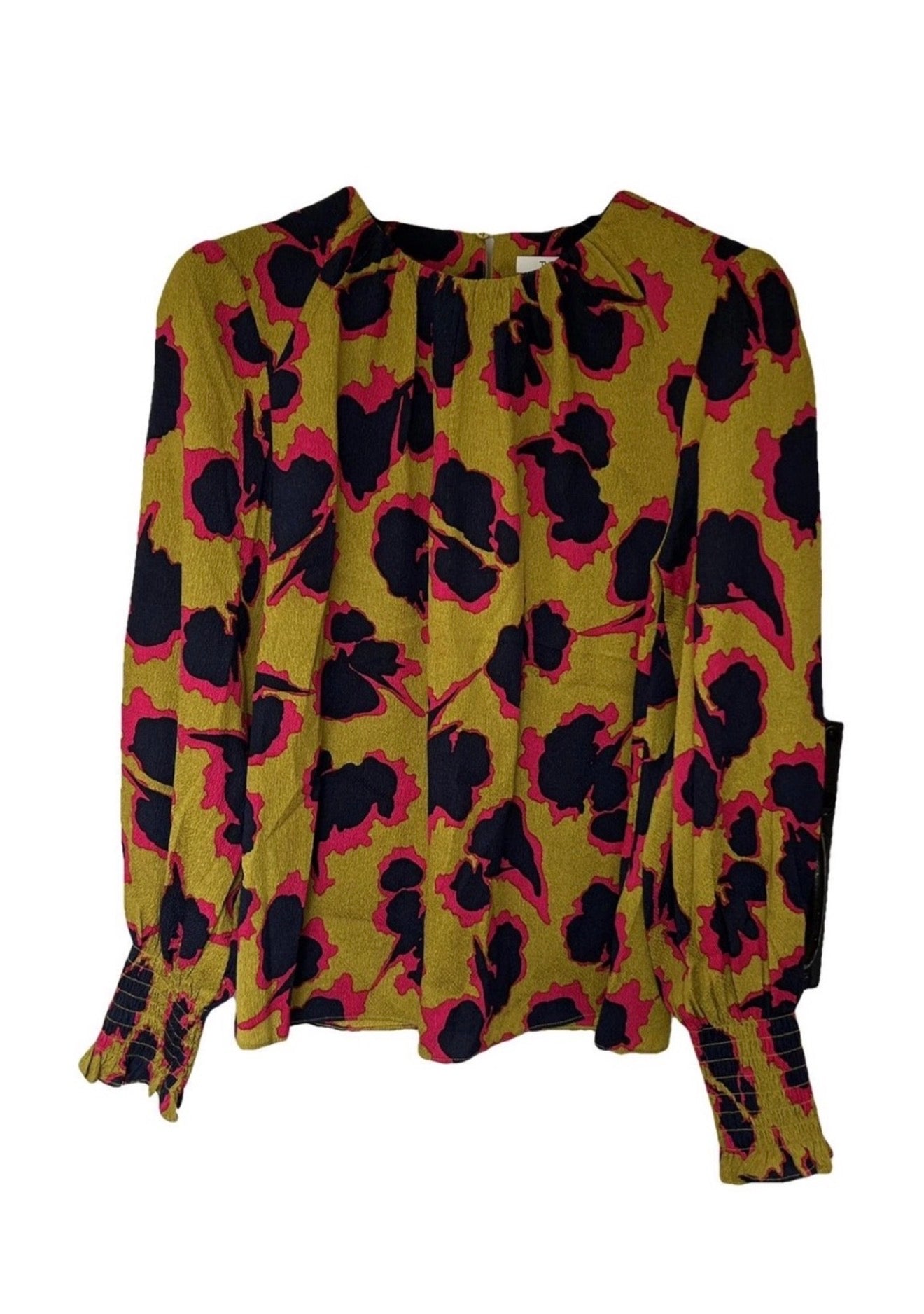 The Fold Silk abstract Print balloon sleeve Blouse pink navy mustard size 10