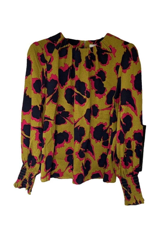 The Fold Silk abstract Print balloon sleeve Blouse pink navy mustard size 10