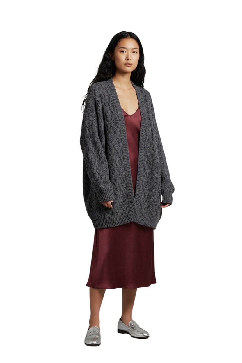 Max Mara Weekend Wool Grey chunky cable knit oversized fisherman Cardigan sweater Medium
