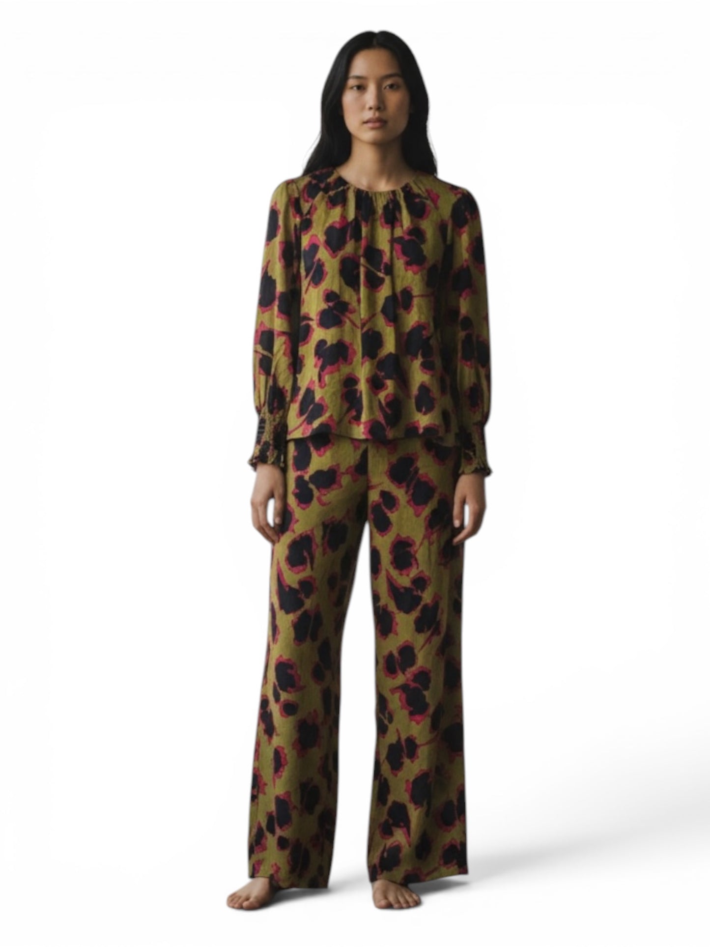 The Fold Silk abstract Print balloon sleeve Blouse pink navy mustard size 10